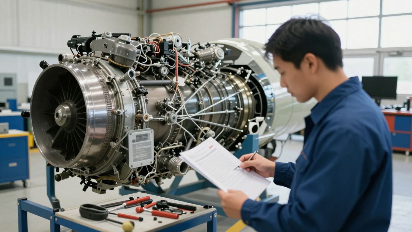 Engine specialist reviewing maintenance records beside equipment