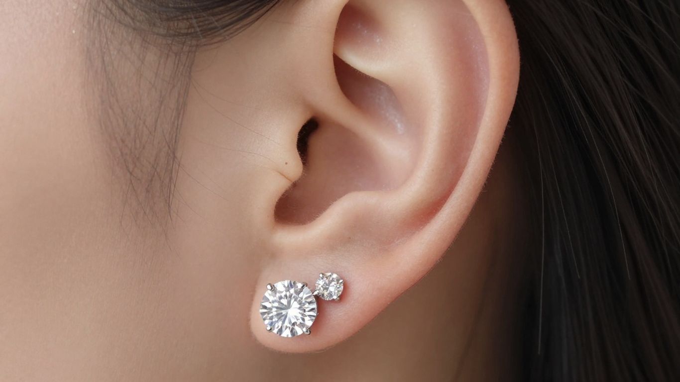 Sparkling diamond stud earrings on a woman's ear.