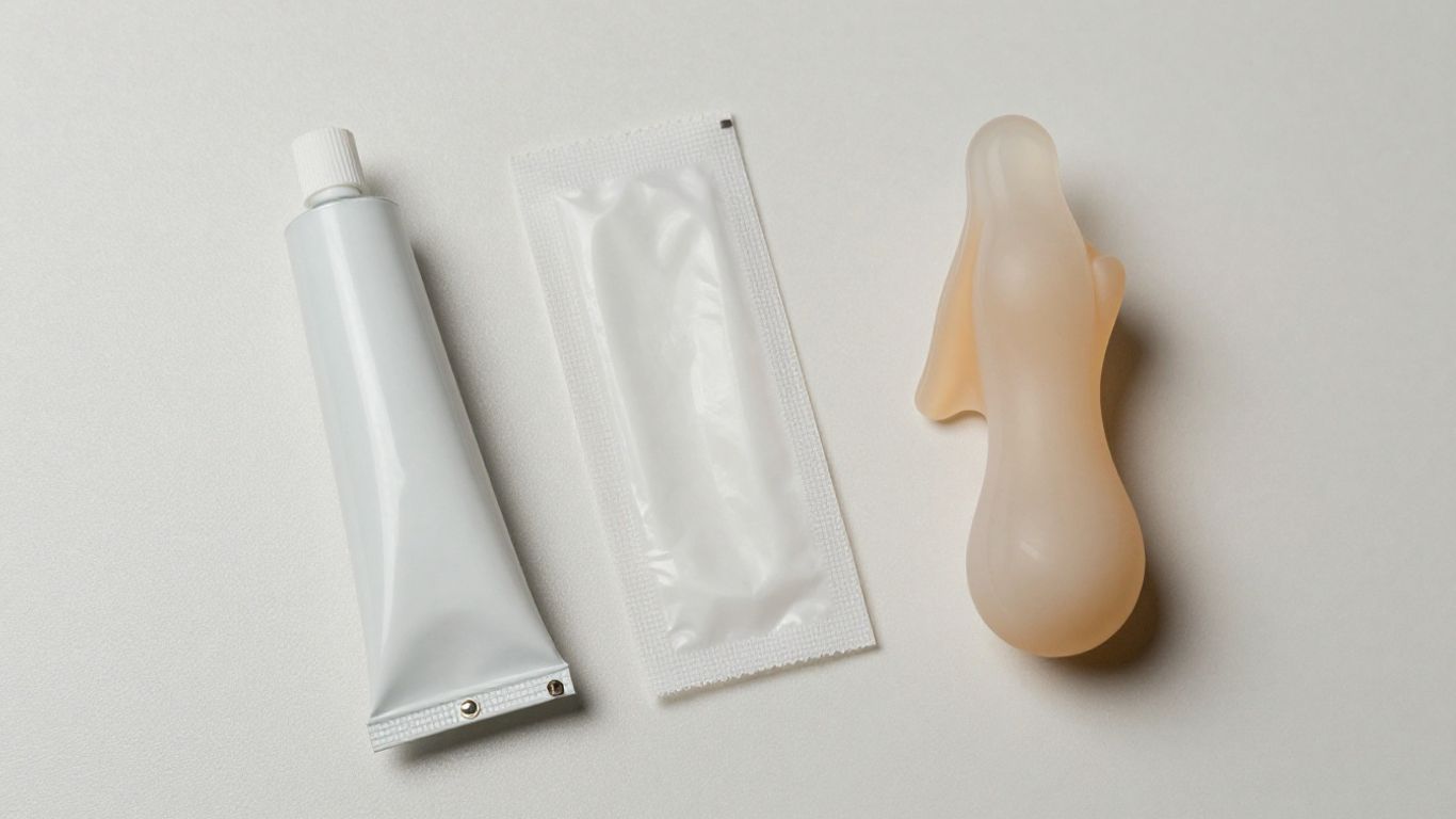 Lubricant and unbranded condom wrapper on clean surface