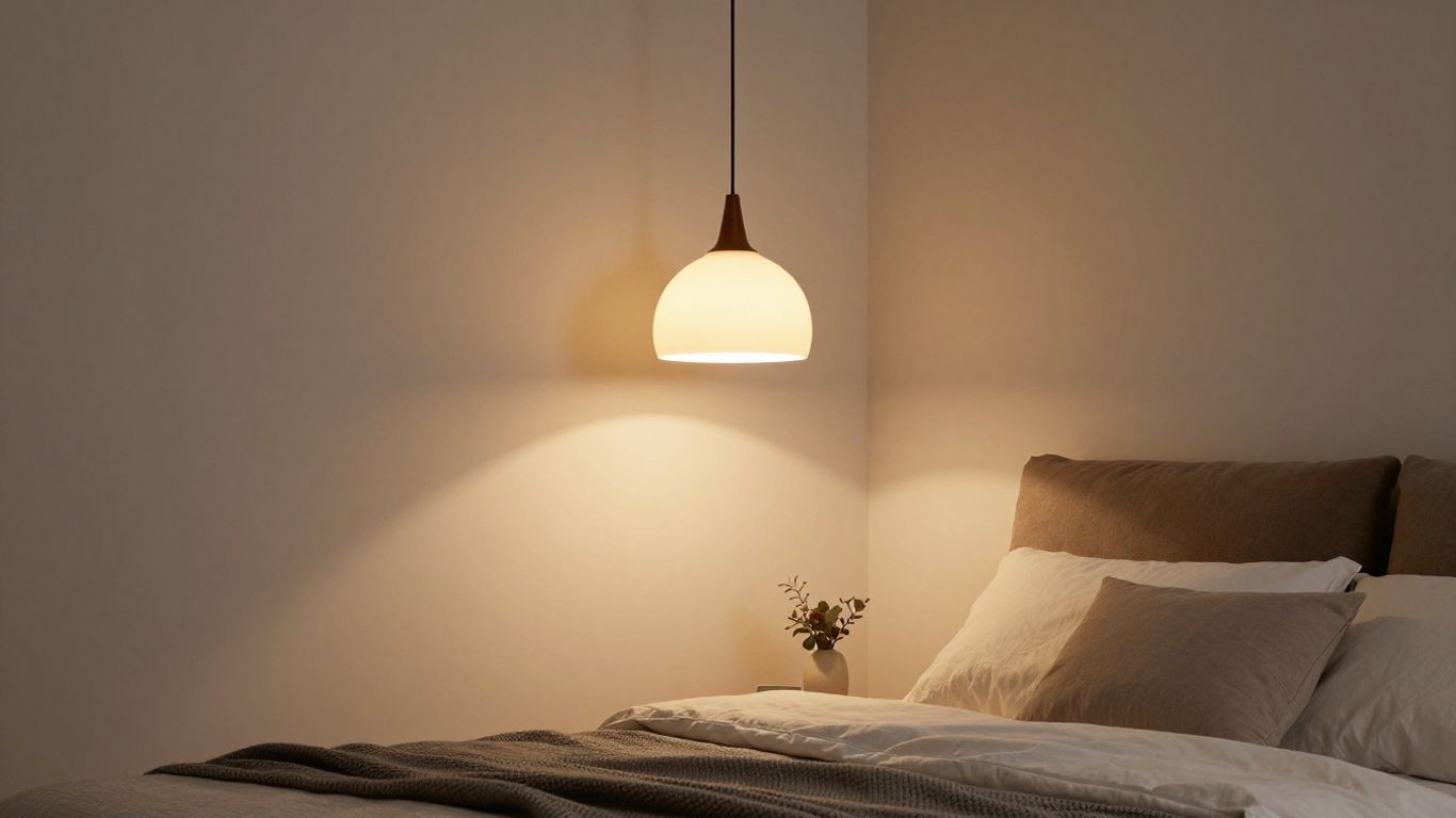 Bedroom with stylish hanging pendant light over bed.