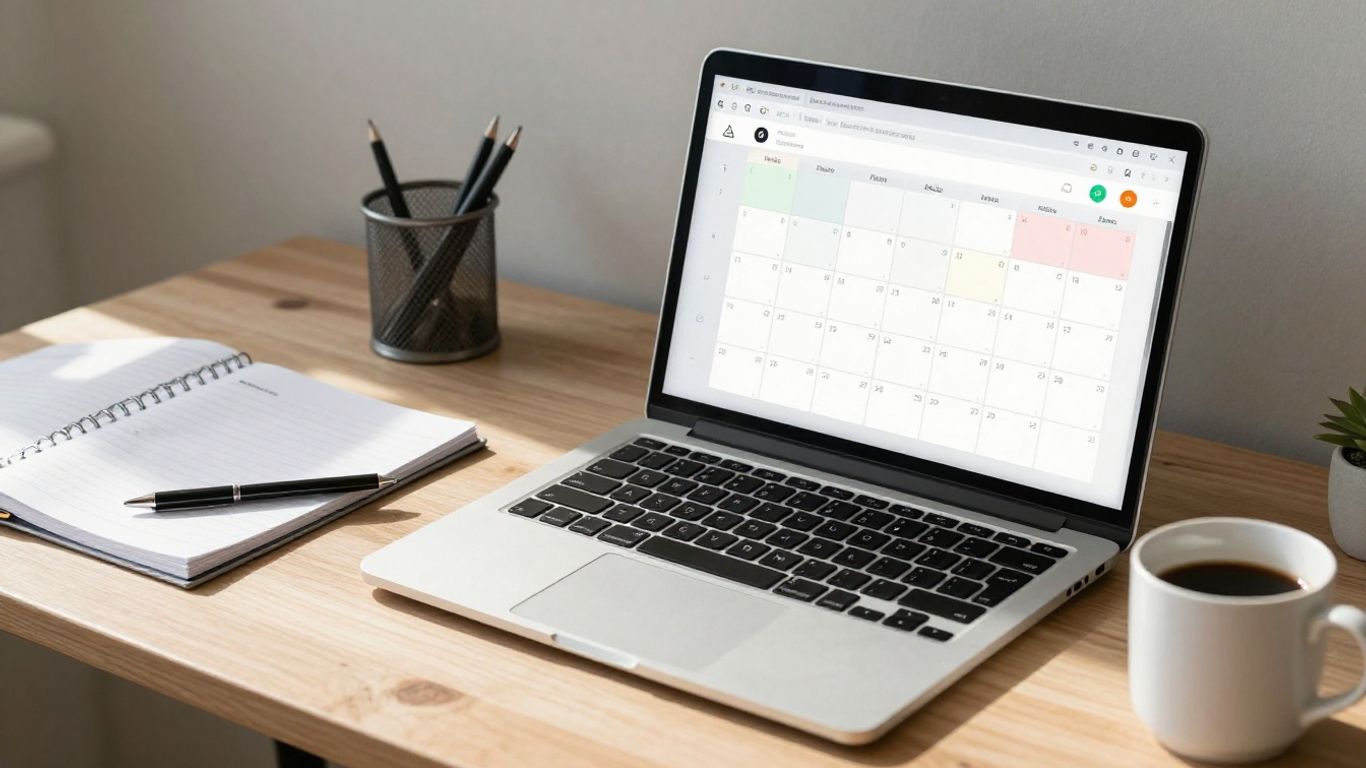 Organized desk with calendar and planner.