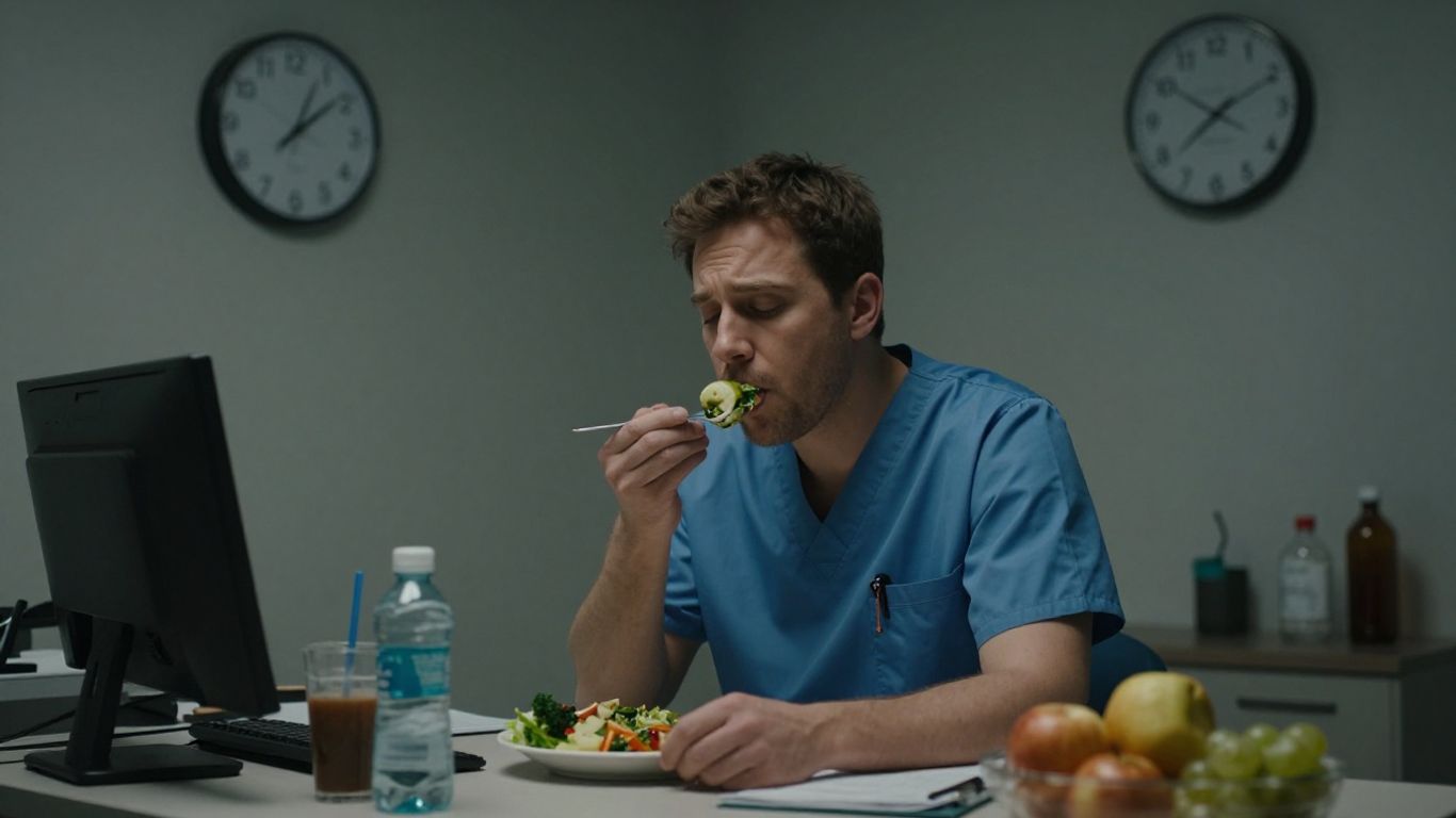 Night shift worker eating a healthy meal during a late shift.