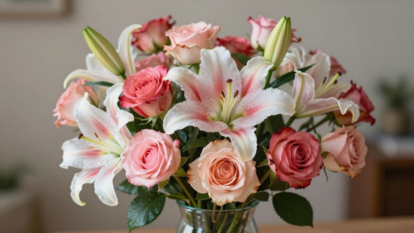 Beautiful flower arrangement with roses and lilies.