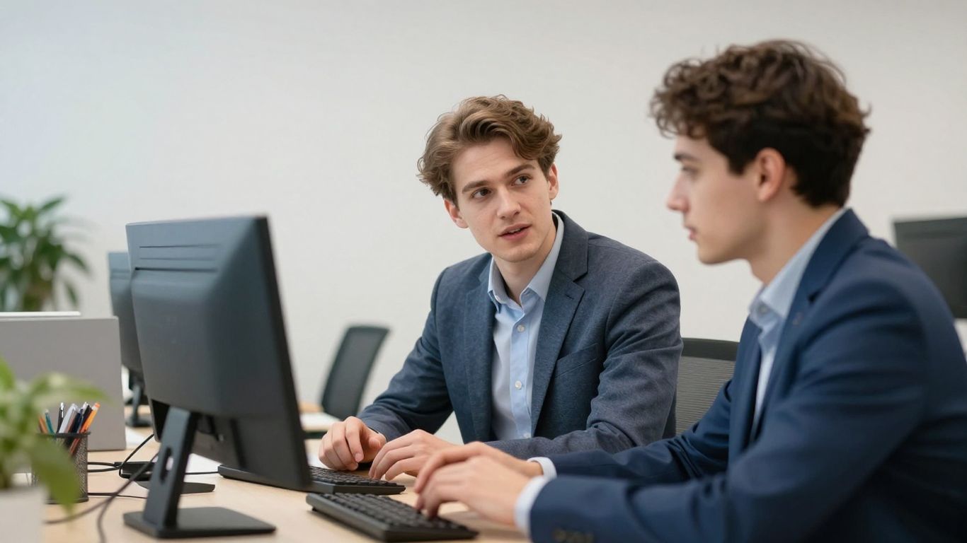 Junge Berufstätige im Gespräch im Büro.