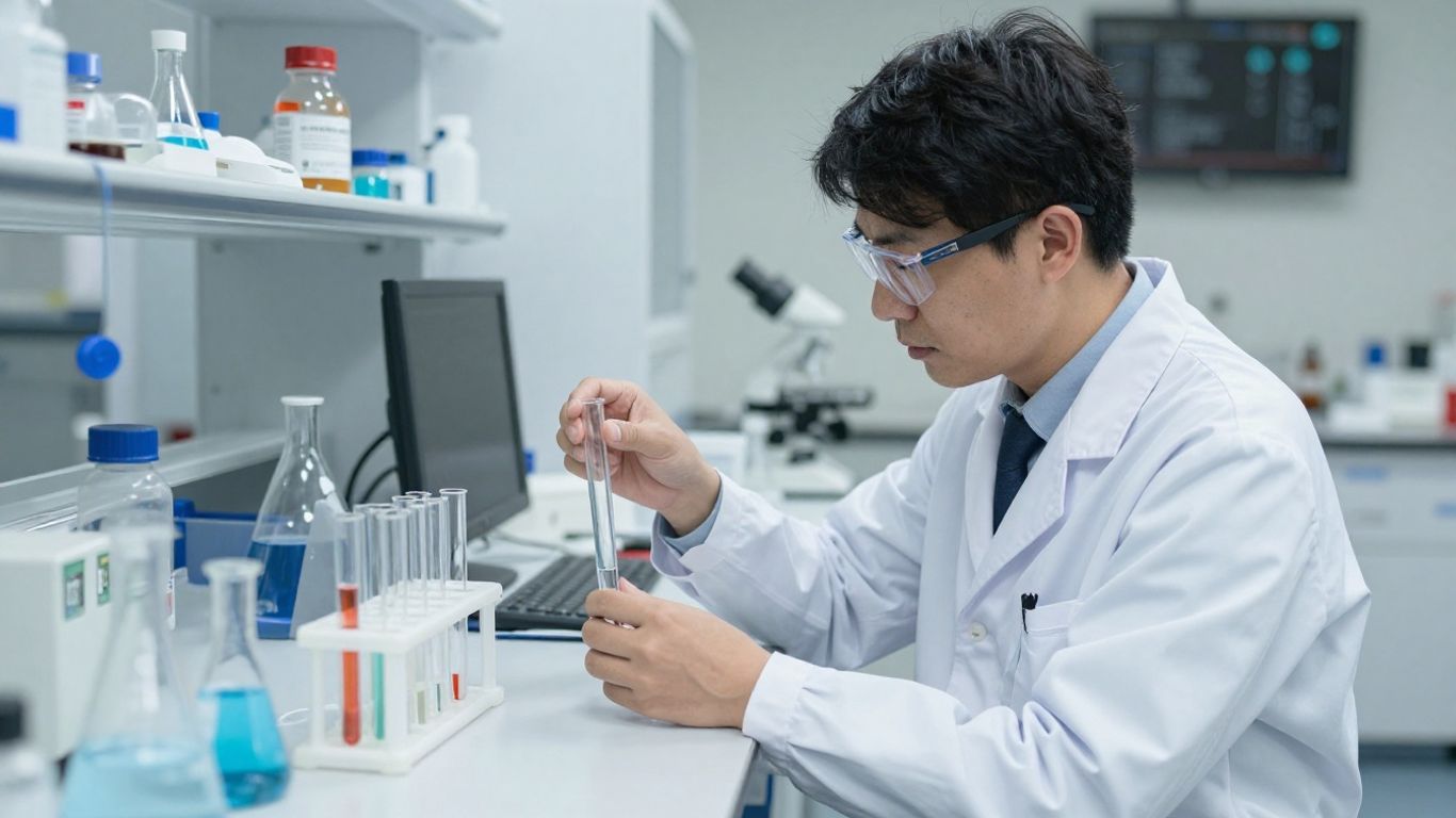 Scientist analyzing test tubes in lab
