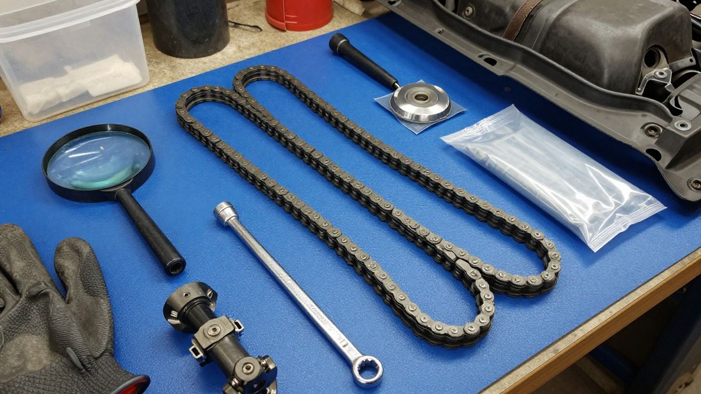 Recycled timing chain parts on workshop bench
