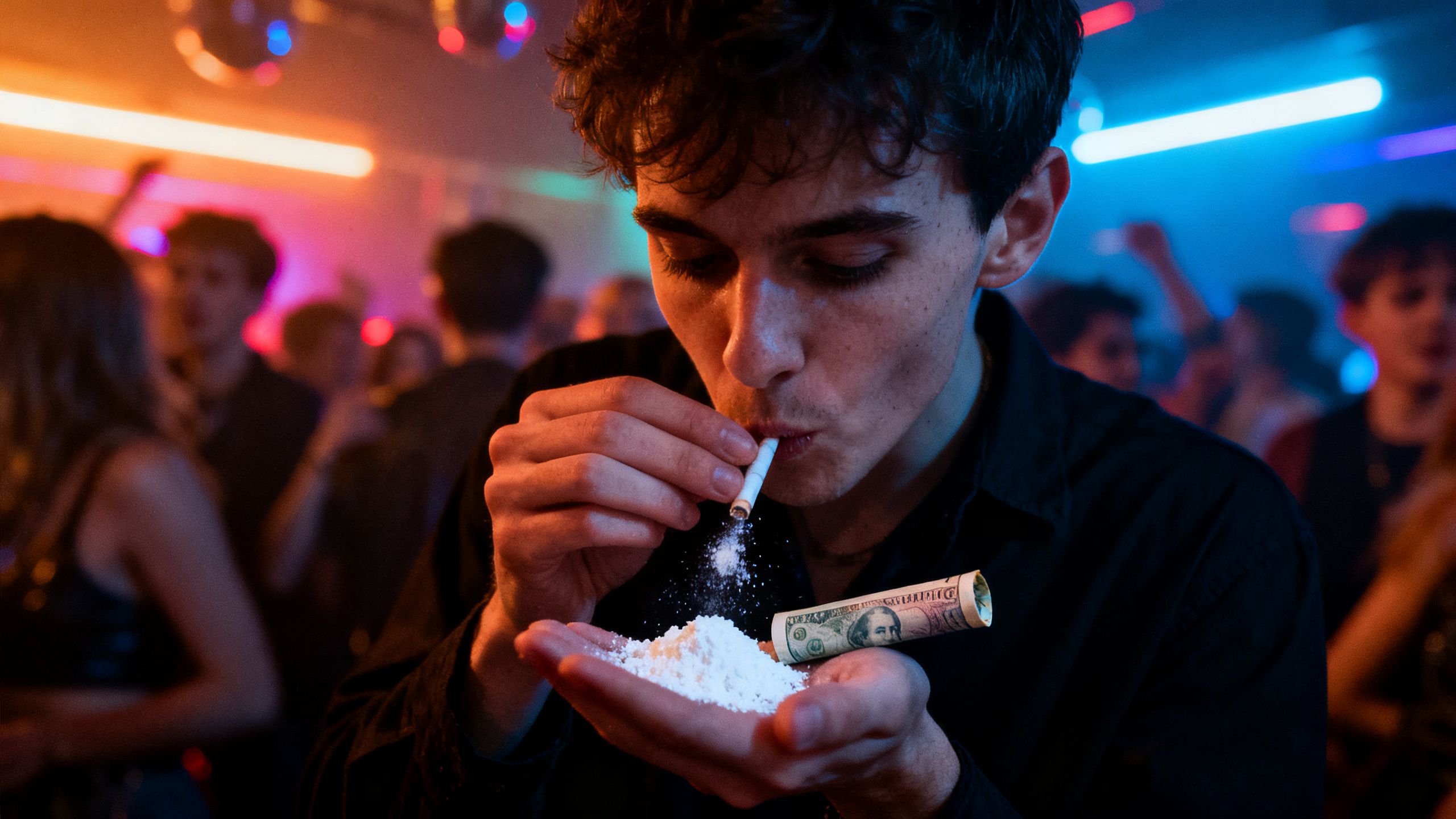 Person taking cocaine in a dark, crowded UK nightclub.