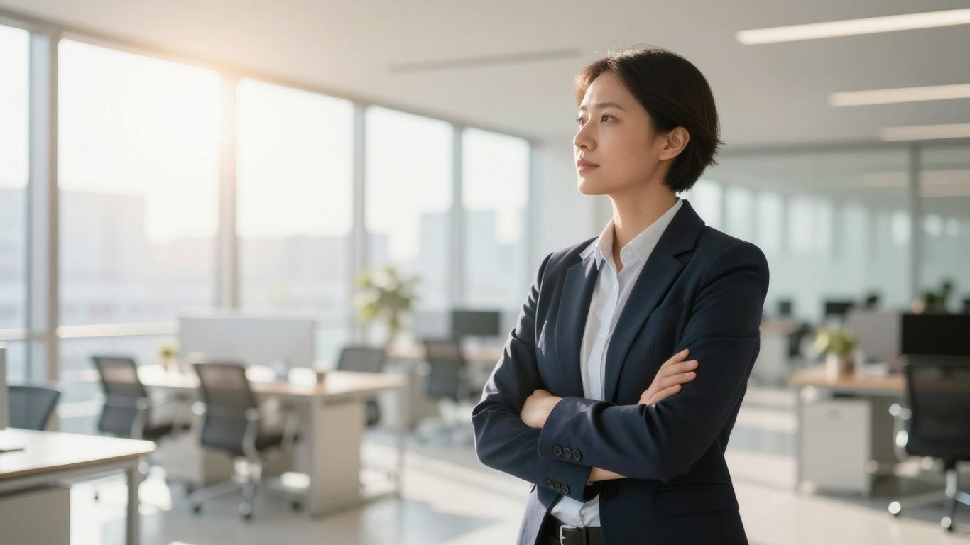 Professional looking towards a bright future, symbolizing growth.