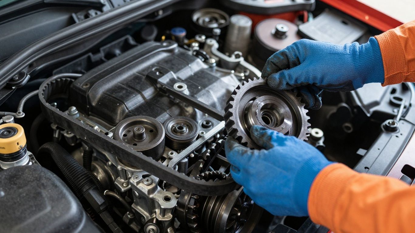 Technician replacing timing belt components