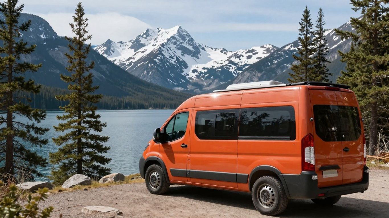 Campervan parked by a lake with mountains.