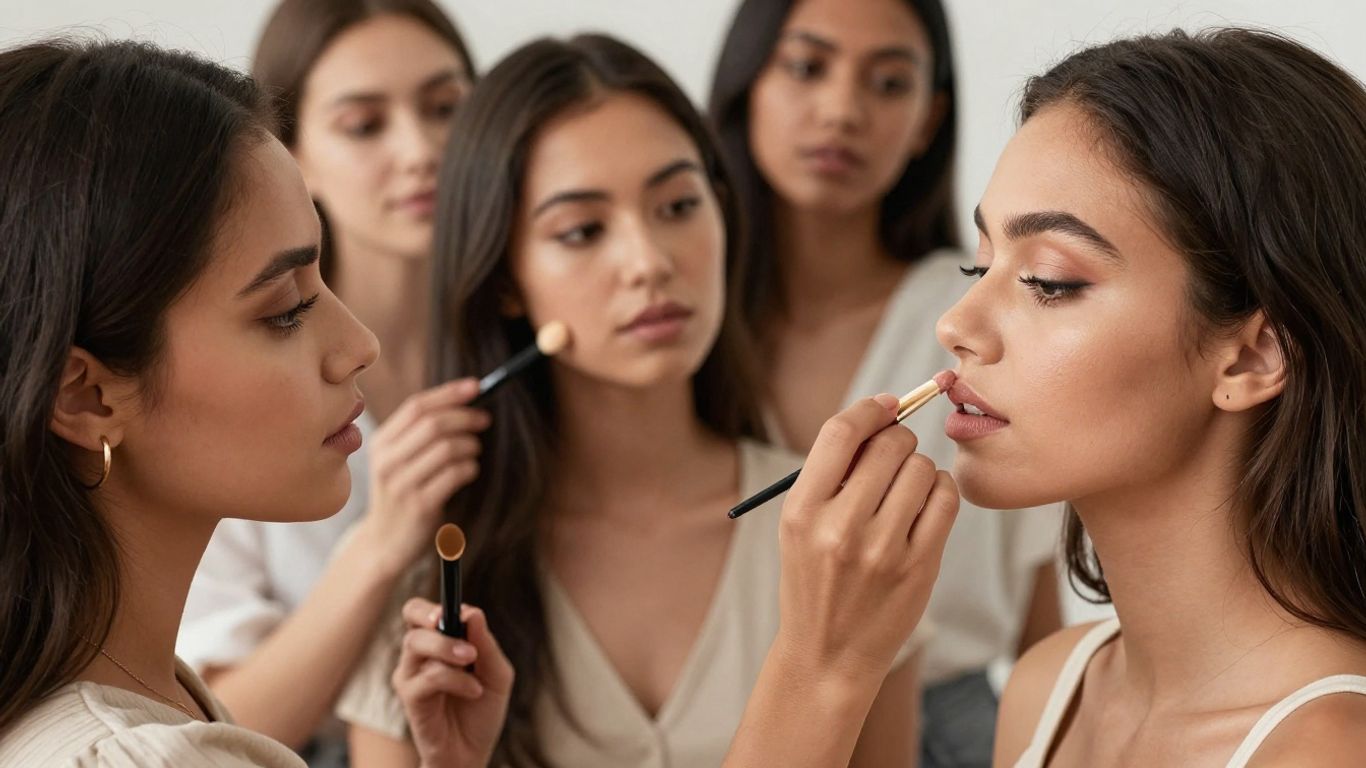 Diverse women applying makeup for mixed-race skin tones.