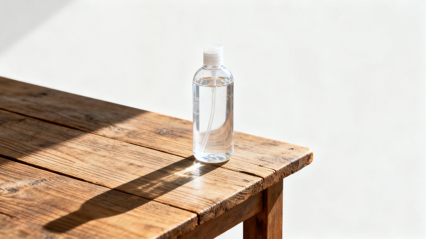 A clean bottle of hair treatment on a wooden table