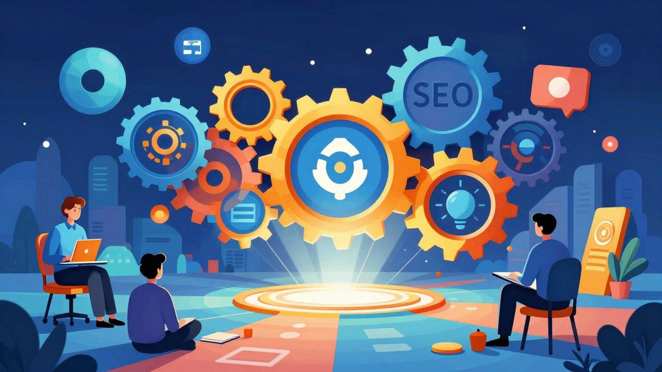 Web design, marketing, and SEO gears working together.