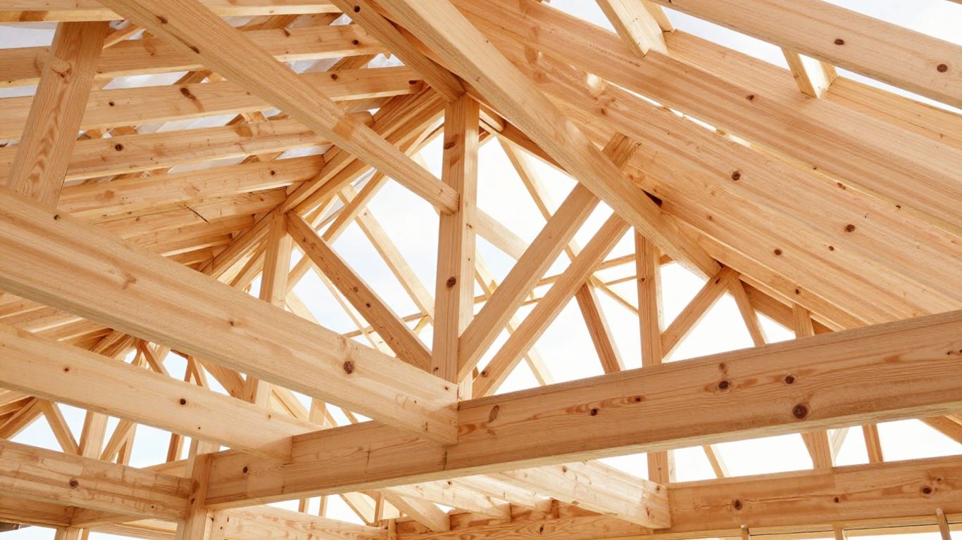 Wooden roof framing structure with beams and rafters.