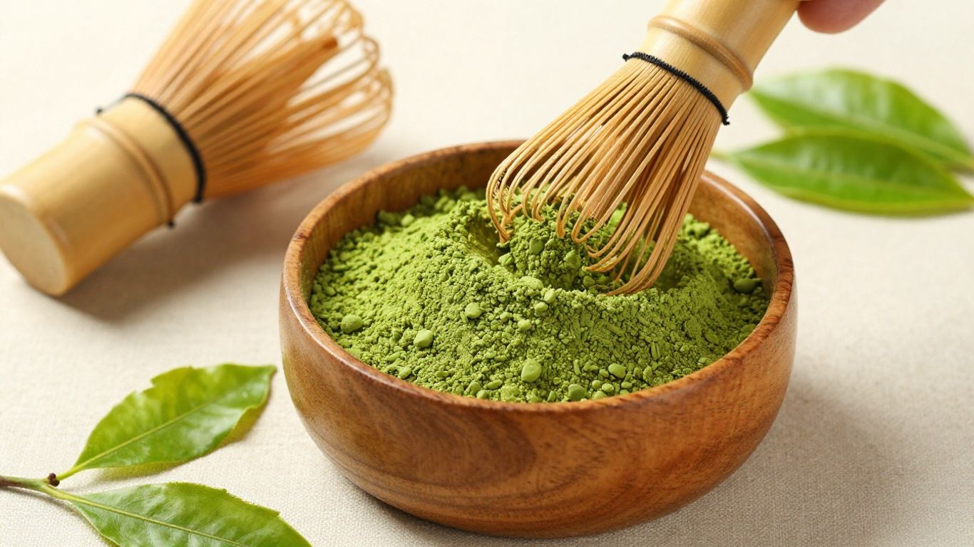 High-quality matcha powder and bamboo whisks.