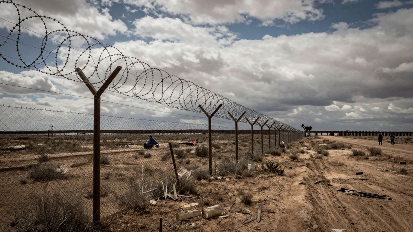 Valla fronteriza entre Estados Unidos y México bajo un cielo nublado.