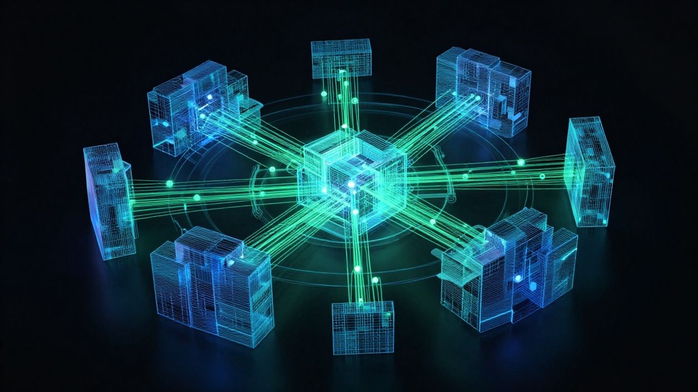 Abstract digital pathways and building blocks forming a complex network.