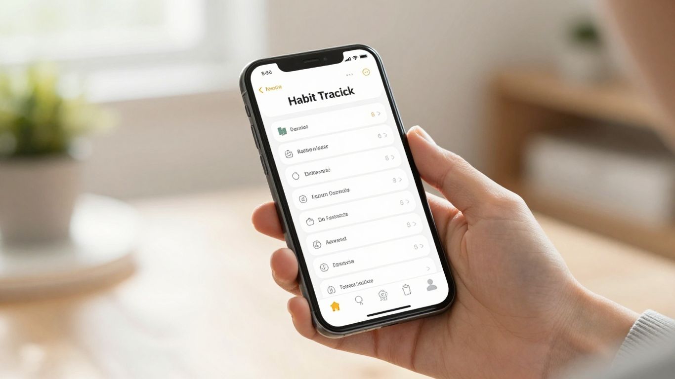 Smartphone habit tracker app in a bright, organized home setting.