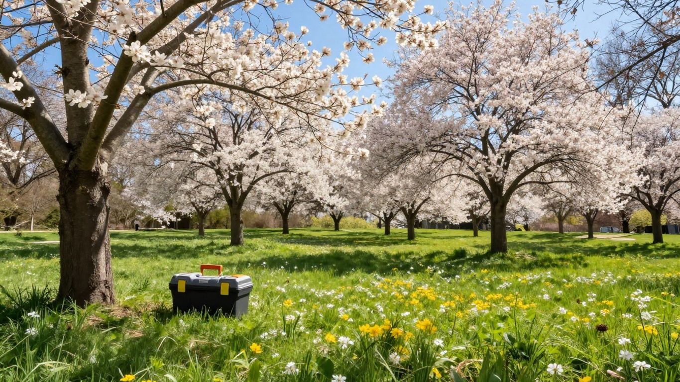 Contractor's toolbox in a sunny spring landscape.