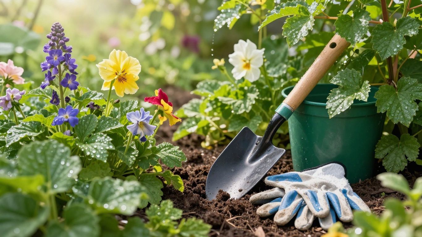 Spring garden with flowers, trowel, and gloves.