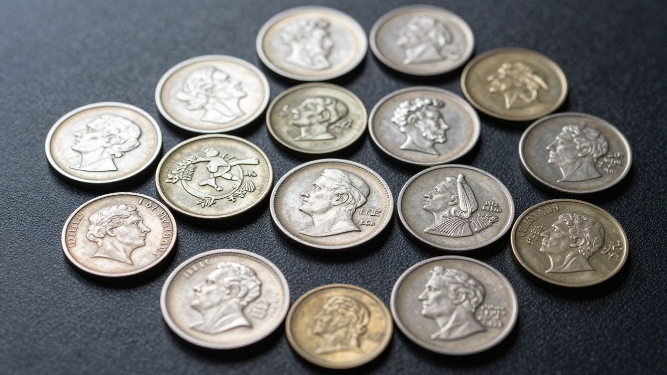 Antique coin collection on a dark surface.
