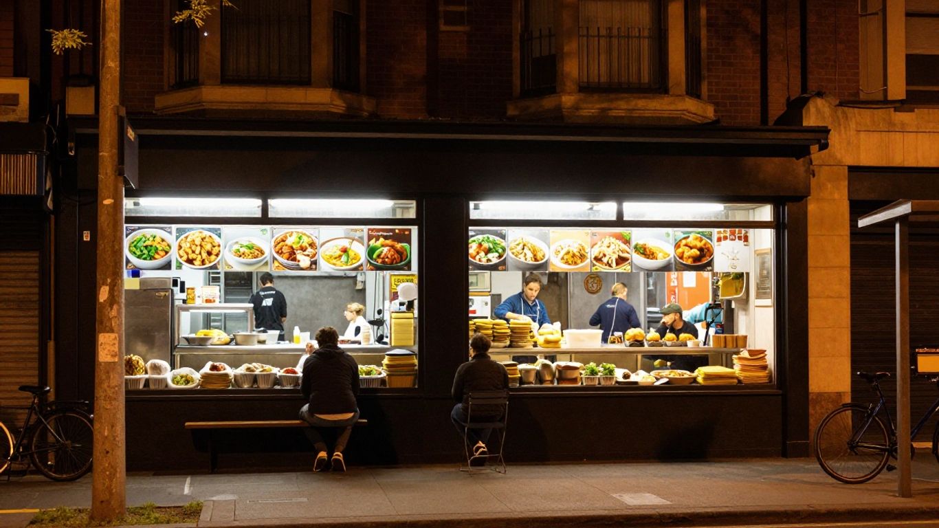 A lively Melbourne suburban takeaway street at night