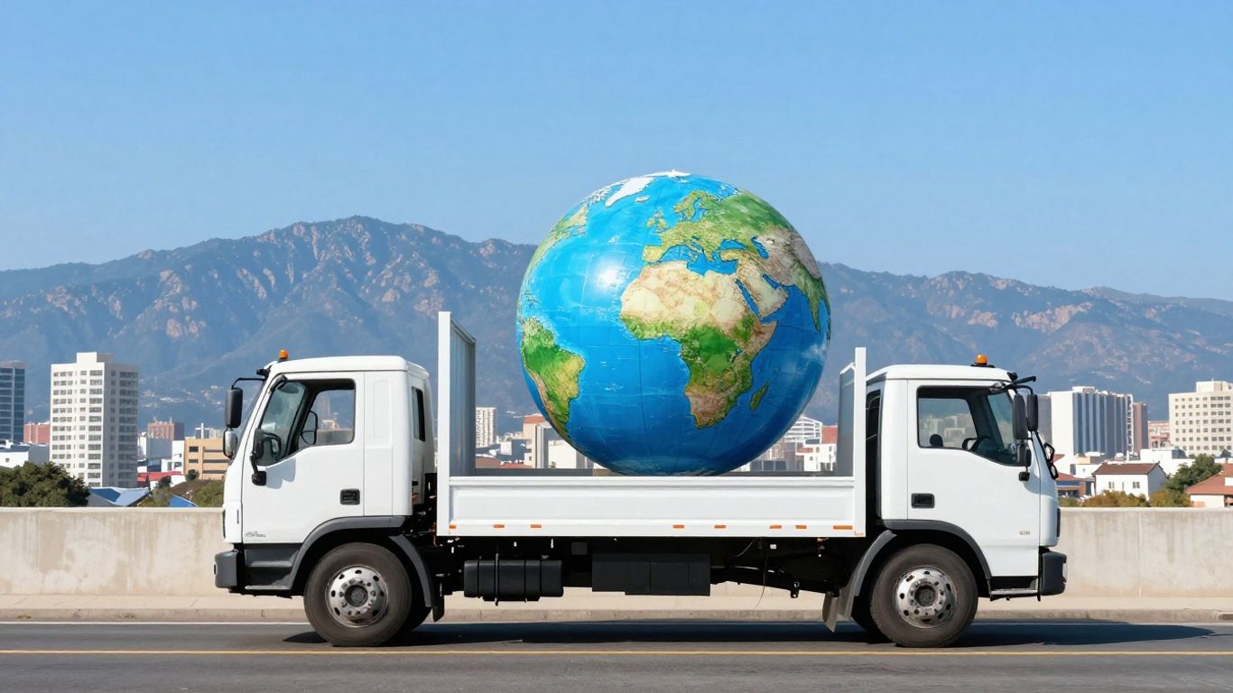 Moving truck crossing international border with globe graphic.