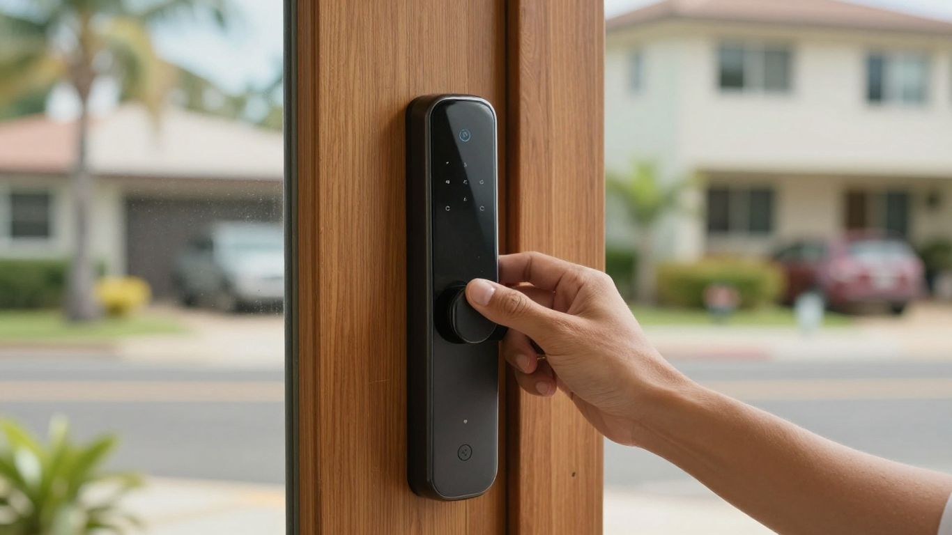 Hands installing a smart lock on a Honolulu home's front door.