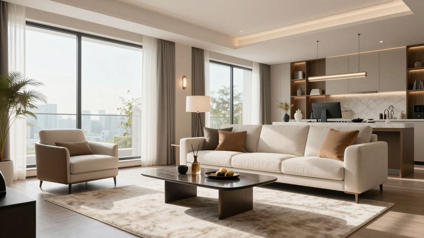 Modern living room with sofa and armchair for corporate furnishing.