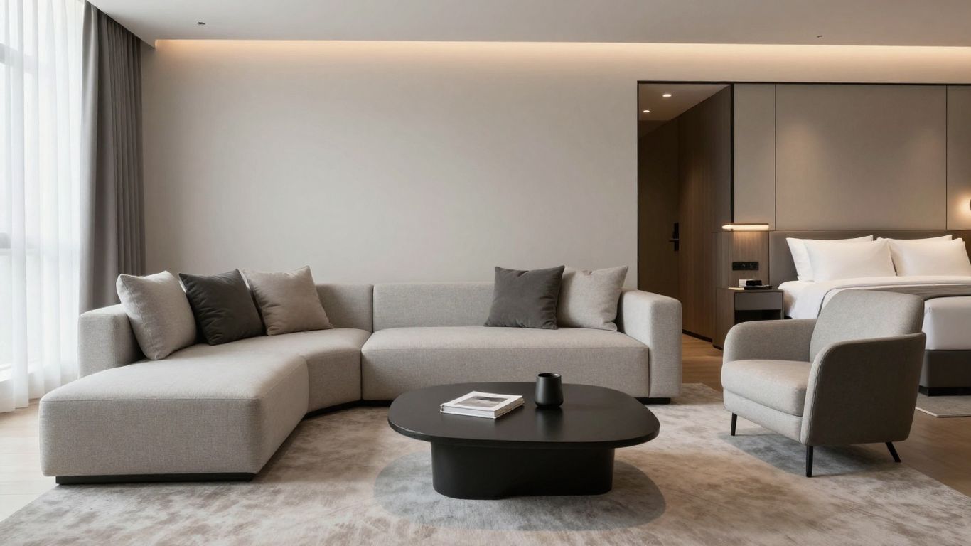 Modern hotel room with reconfigurable modular furniture.