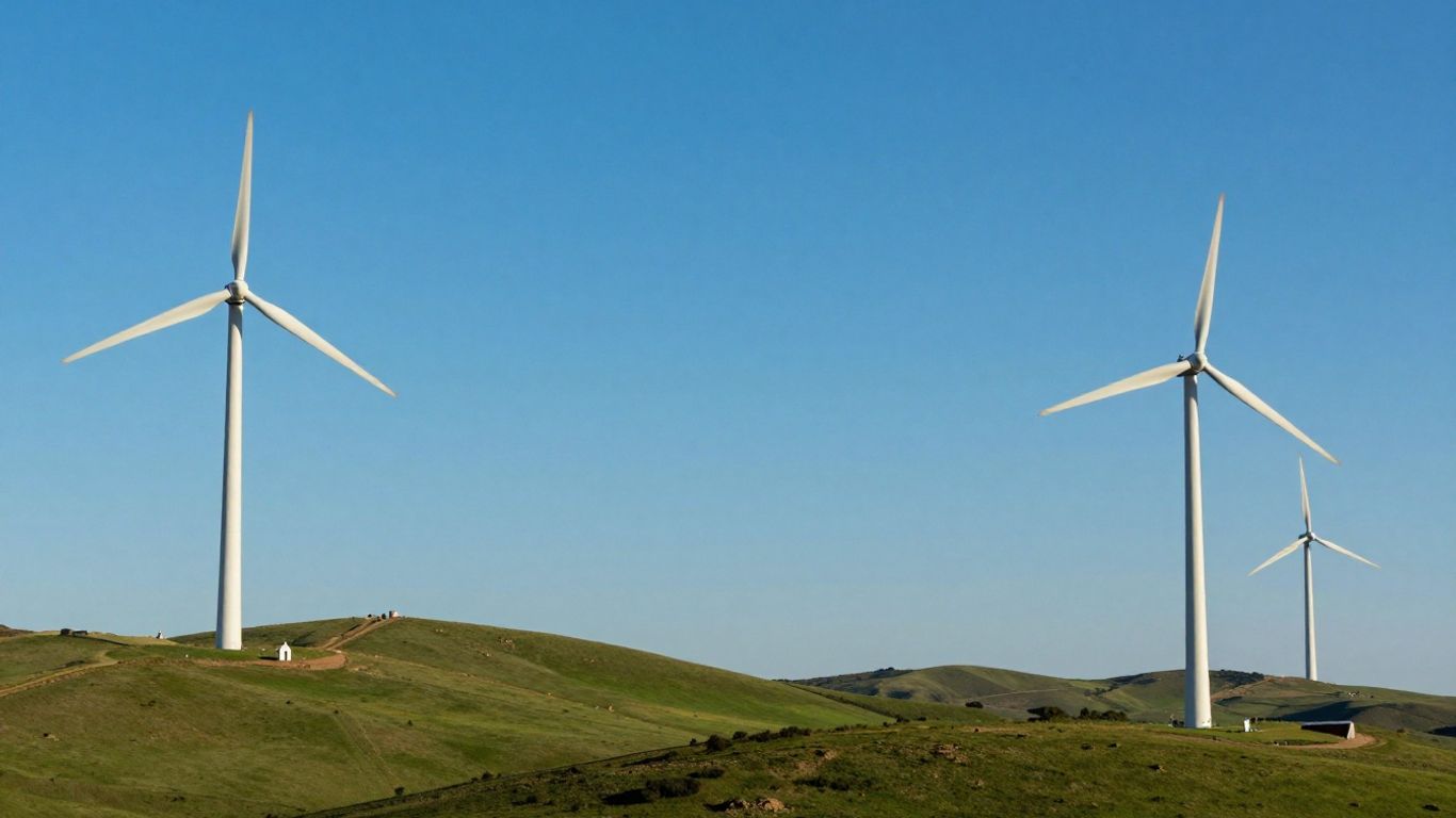 Éoliennes dans un paysage verdoyant sous un ciel bleu.