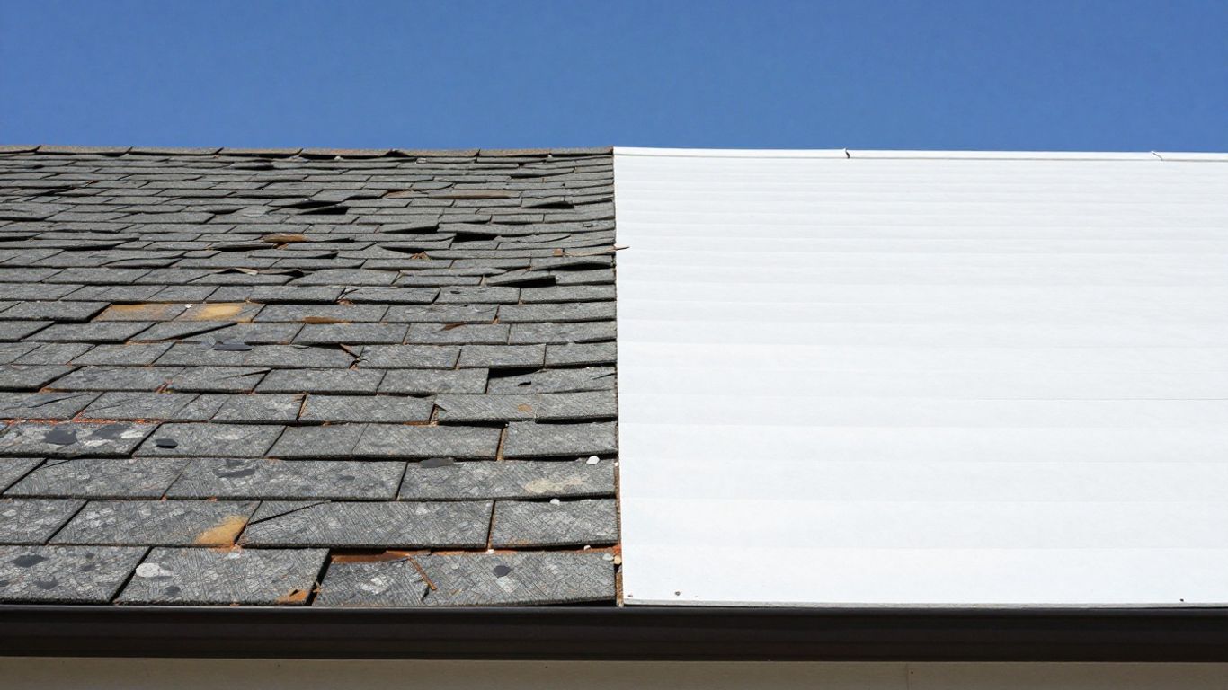 Damaged roof section versus new roof section comparison