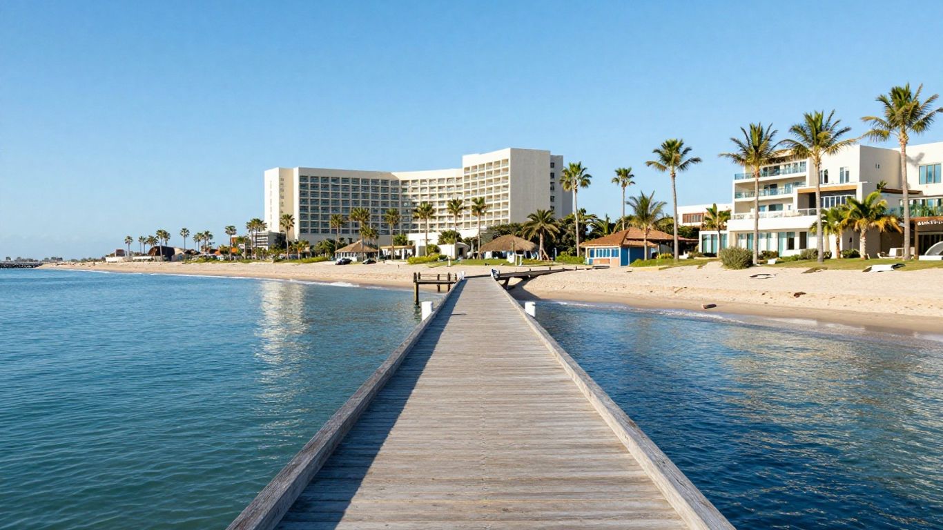 Oaks Plaza Pier hotel with ocean and palm trees.
