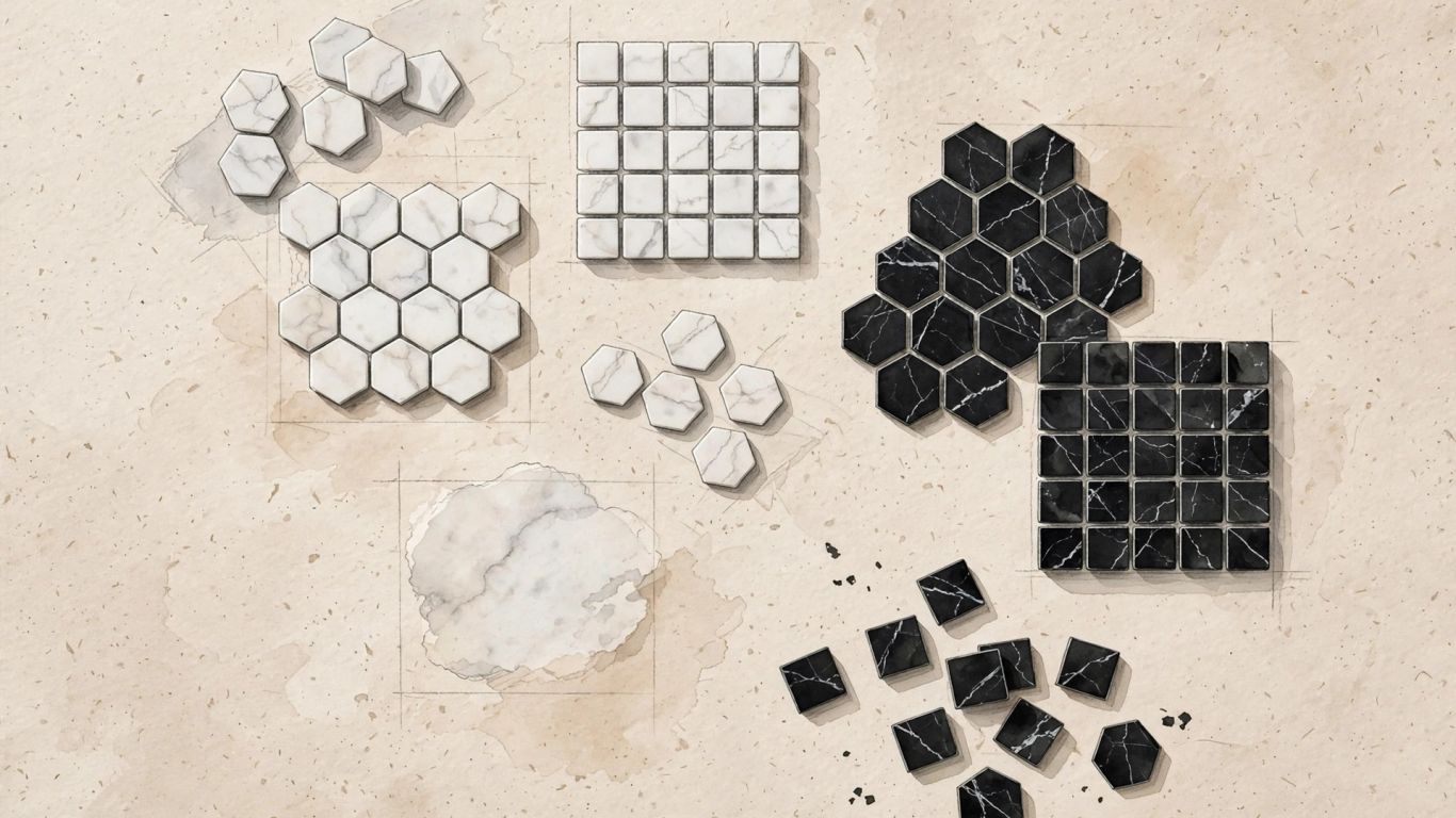 Dark and light marble mosaic samples arranged together