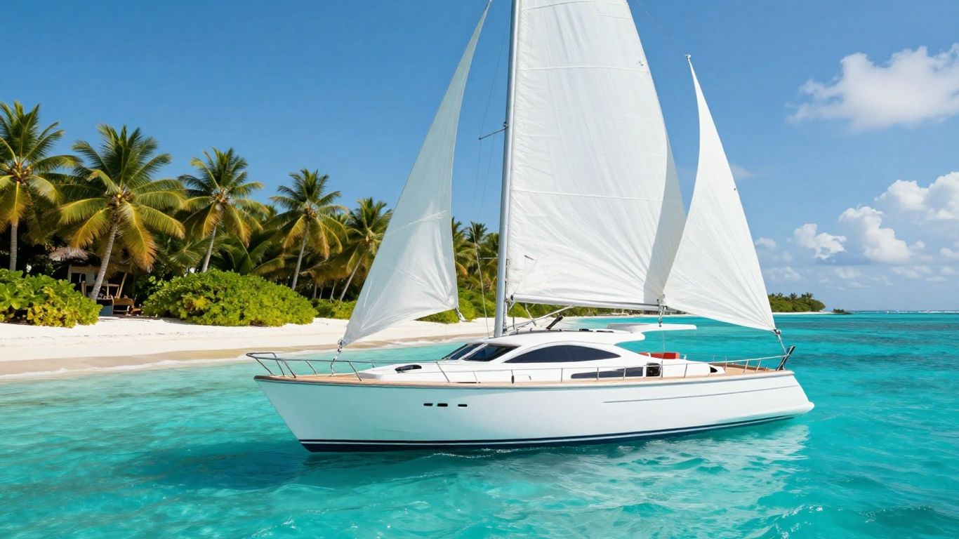 Luxury yacht sailing in clear turquoise Bahamian waters.