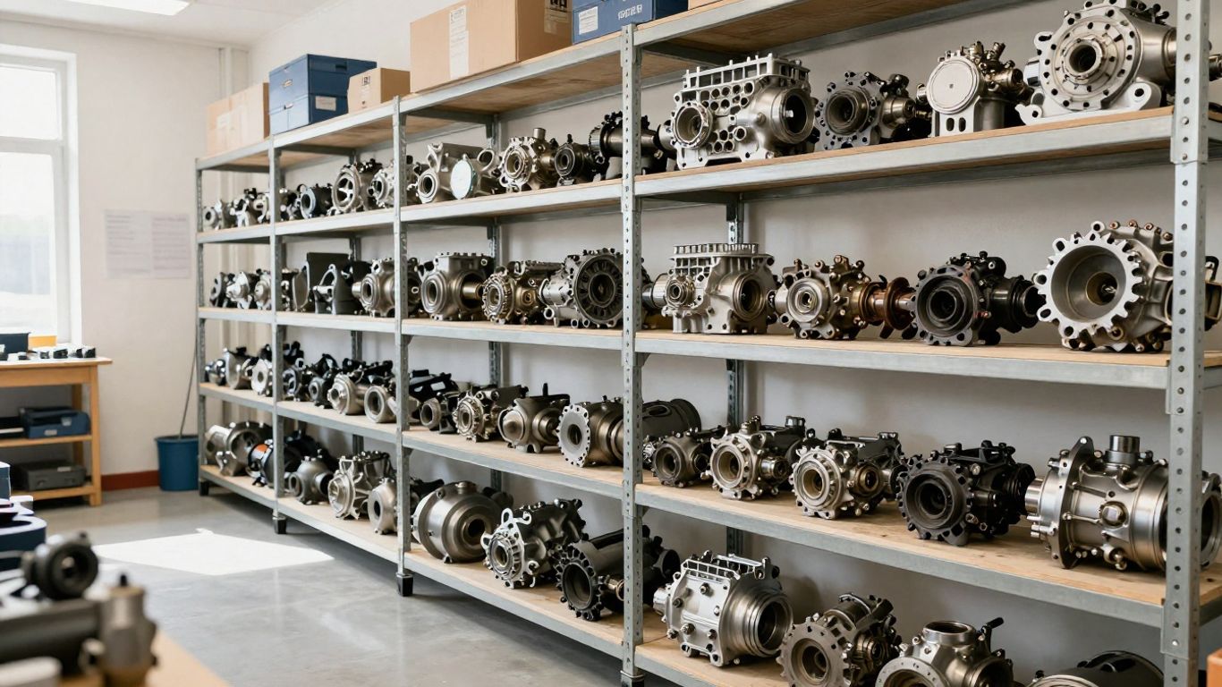 Volkswagen engine and gearbox parts neatly organized on shelves.