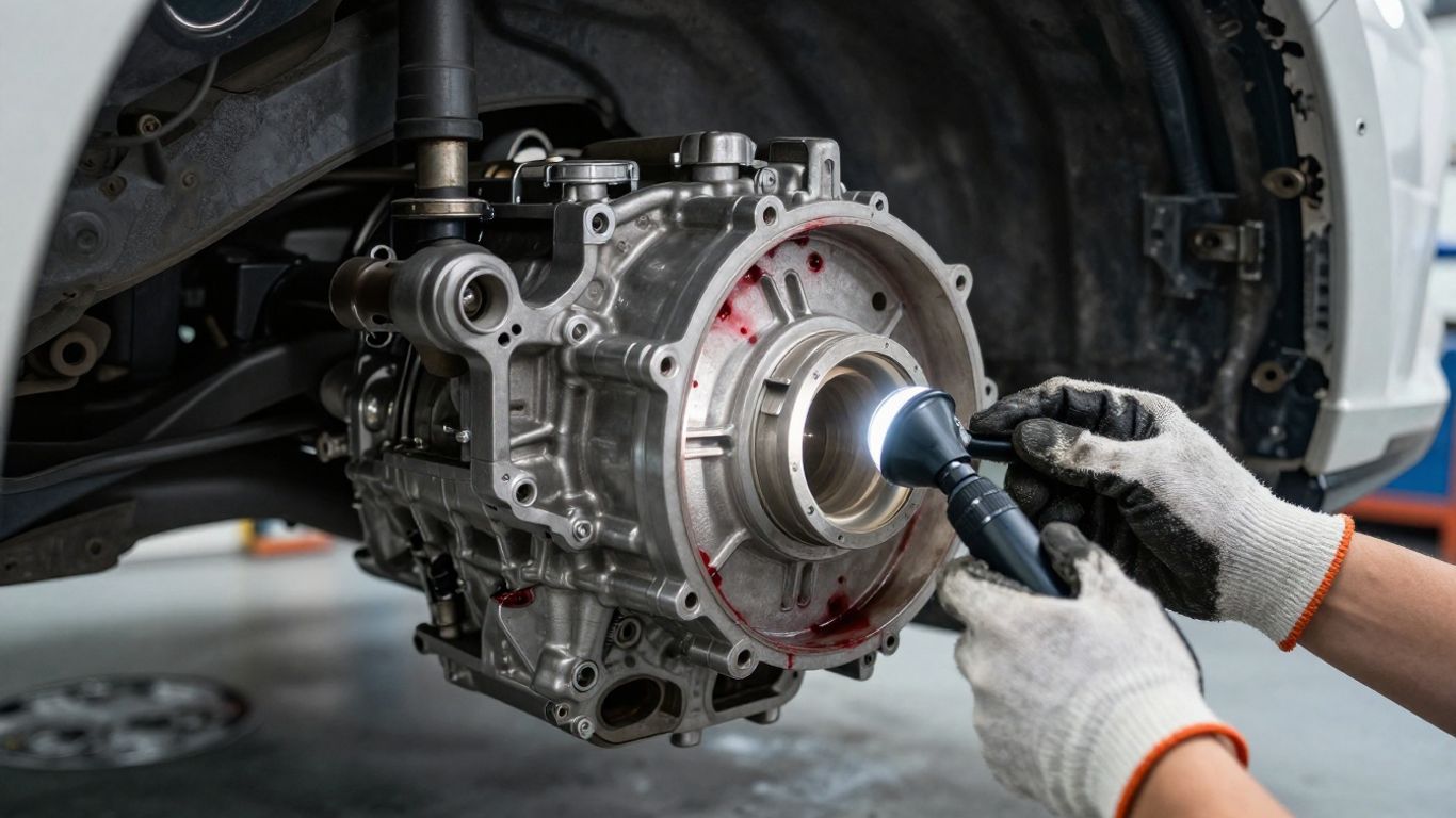 Mechanic inspecting vehicle transmission underneath