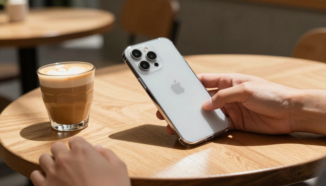 A person in a sunlit Australian cafe placing their iPhone 17 Pro Max, housed in a sleek clear case, on a wooden table next to a flat white coffee.