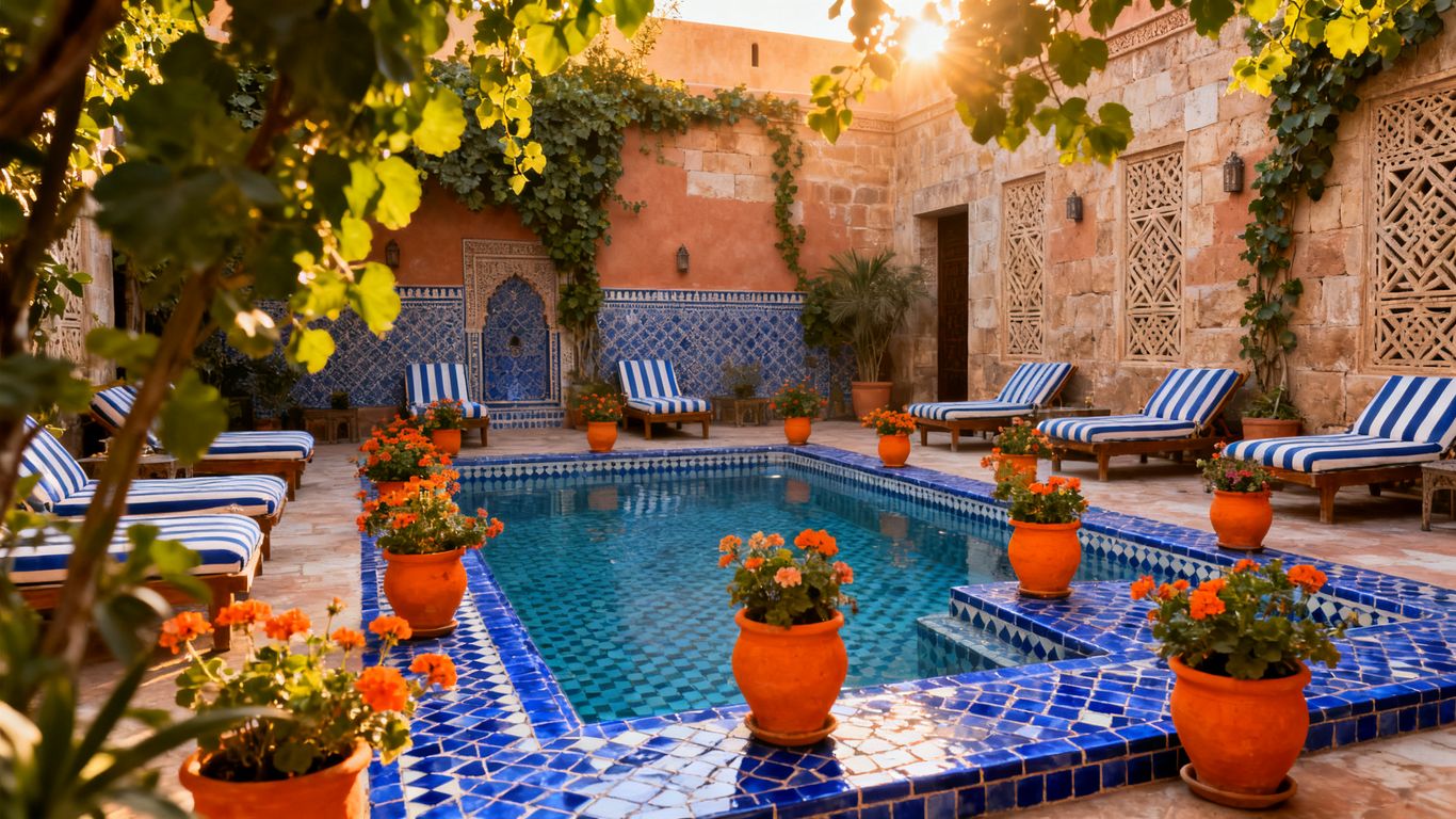 View of the pool and its flowered patio