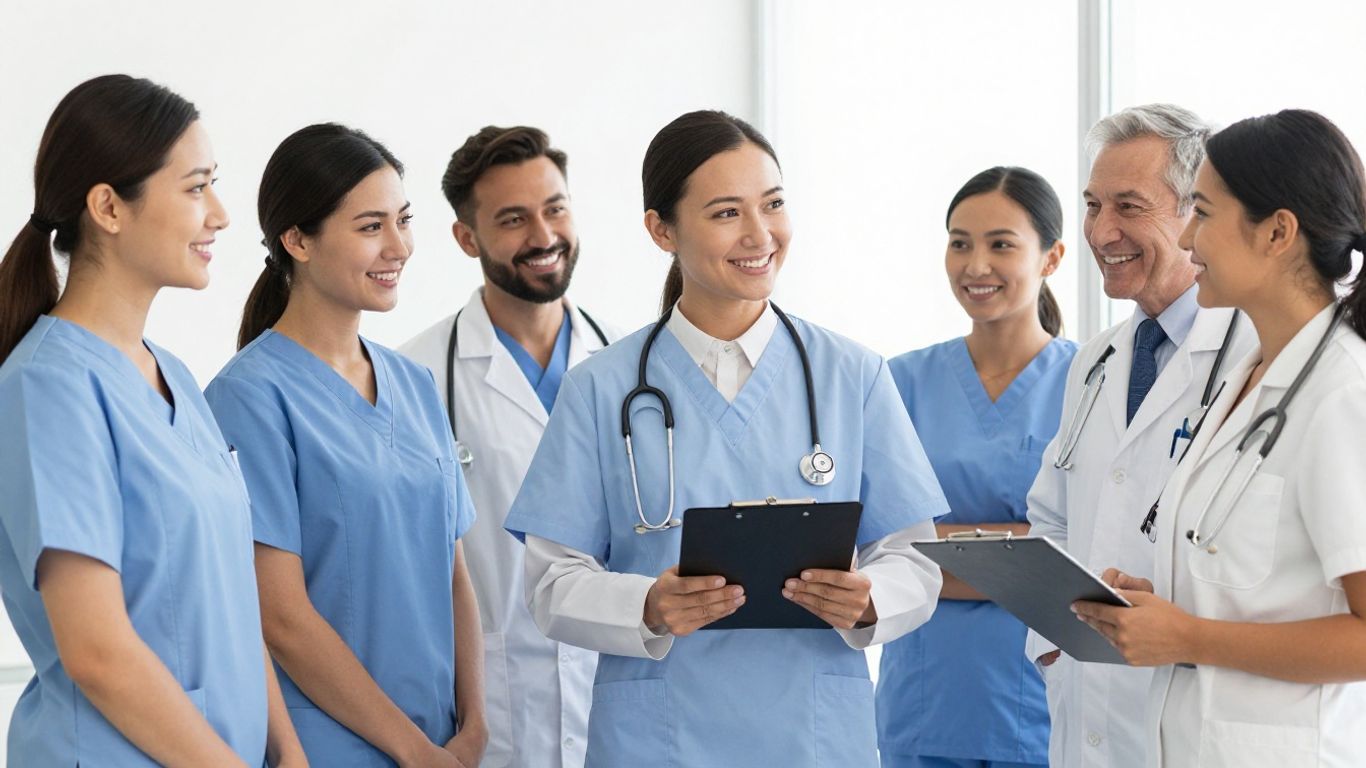 Healthcare professionals in scrubs smiling and holding medical tools.