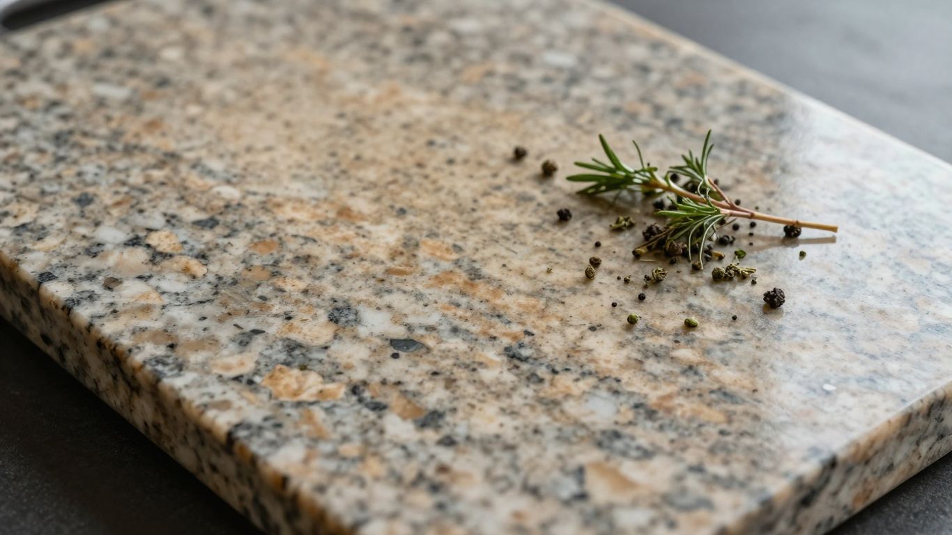 Polished granite cutting board with scattered fresh herbs.