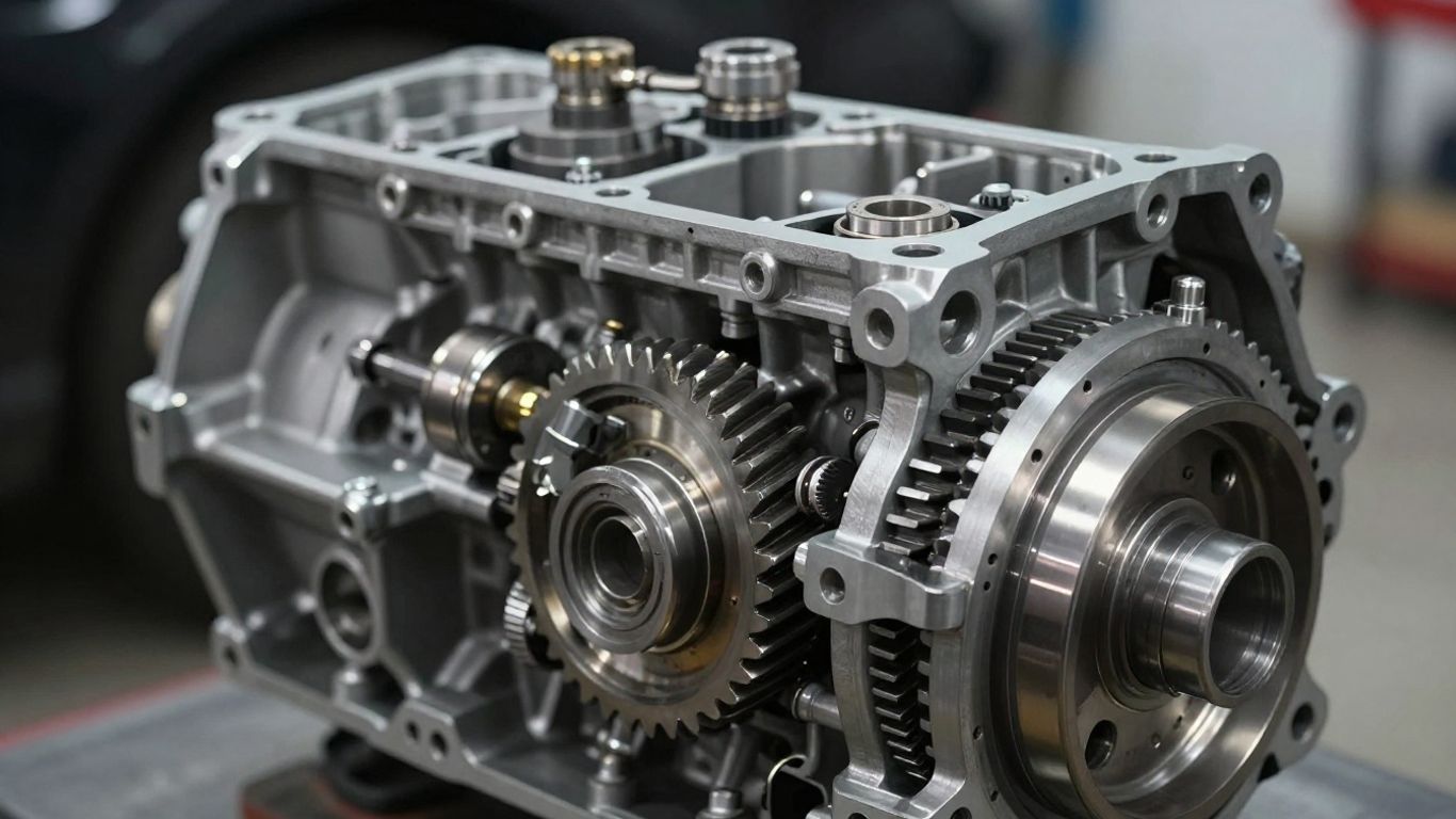 Rebuilt car transmission with visible gears and components.