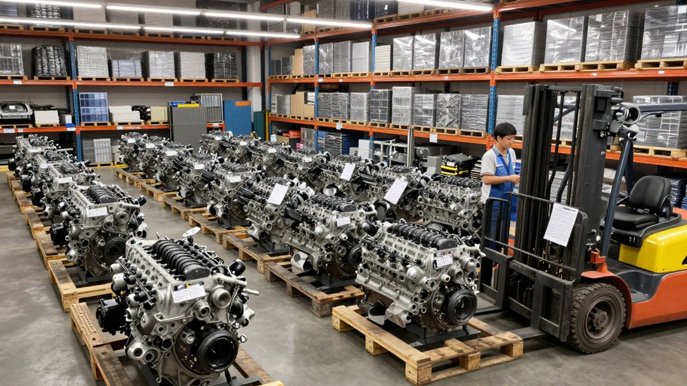 Engine supplier reviewing warehouse inventory