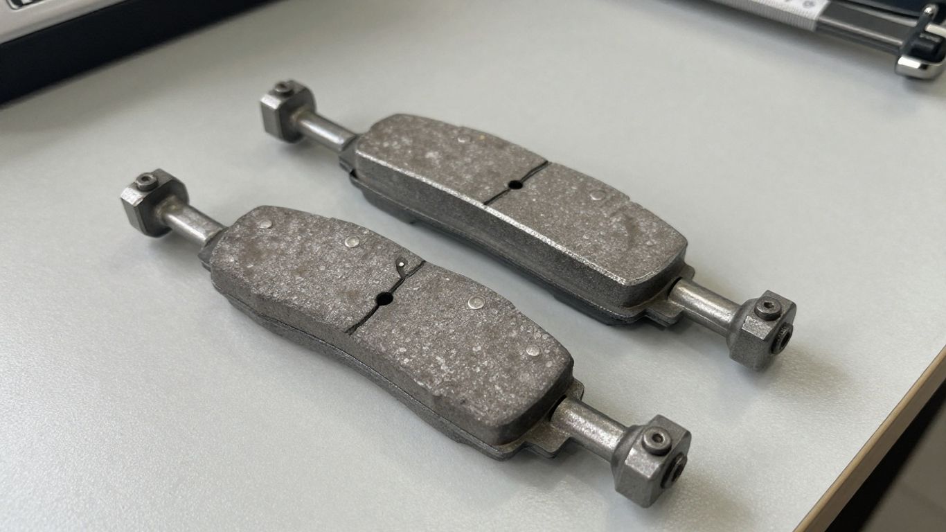 Brake pad inspection beside a SsangYong vehicle