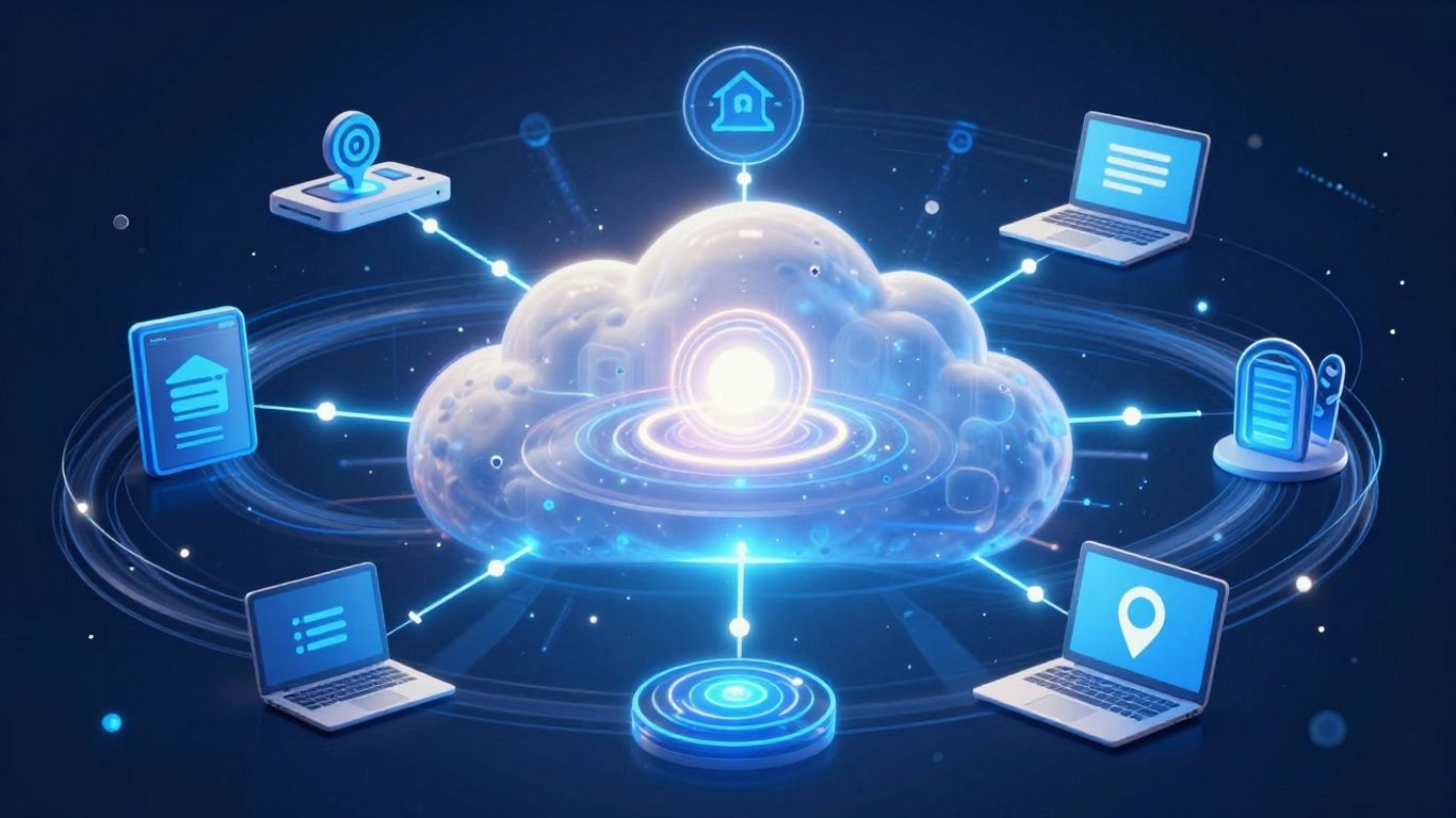 Digital cloud connecting business icons and devices.