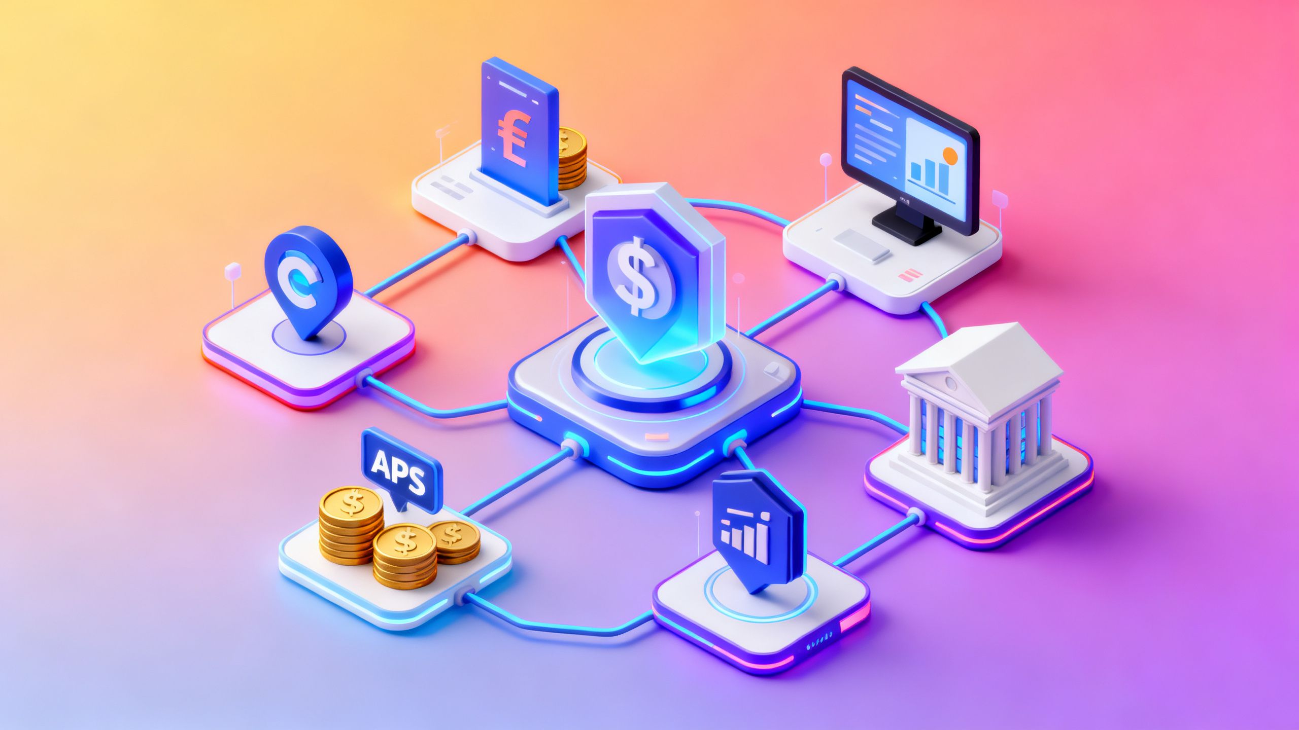3D isometric illustration showing modern fintech companies, banks, and digital money flows joined by APIs on a vibrant colored background, rendered with soft studio lighting and a clean, modern tech aesthetic.