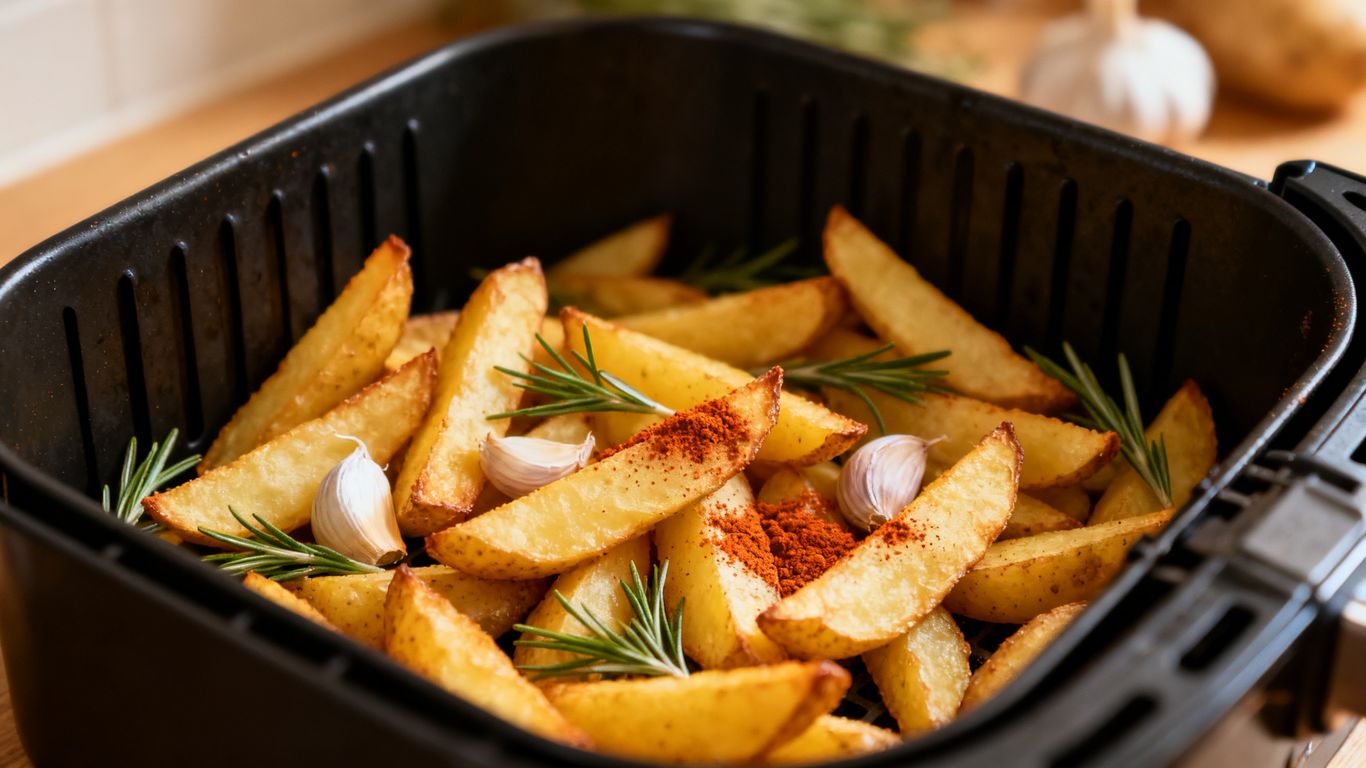 Krokante biologische friet in airfryer mandje