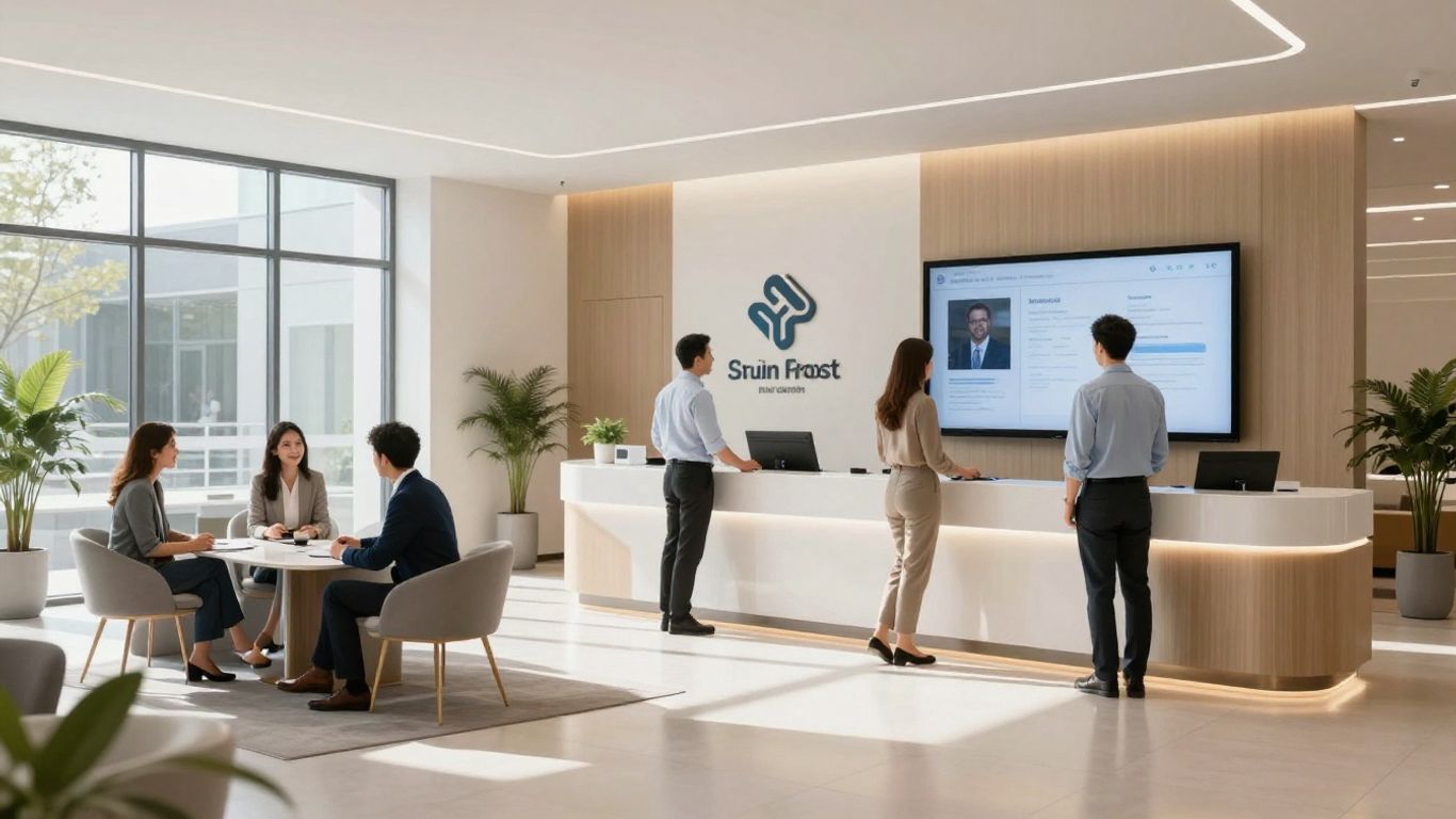 Modern clinic reception with diverse staff and digital system.