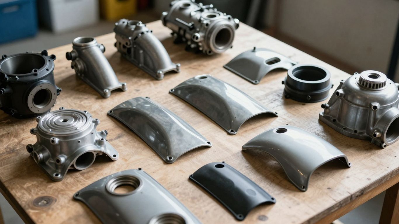 BMW spare parts laid out in a workshop.