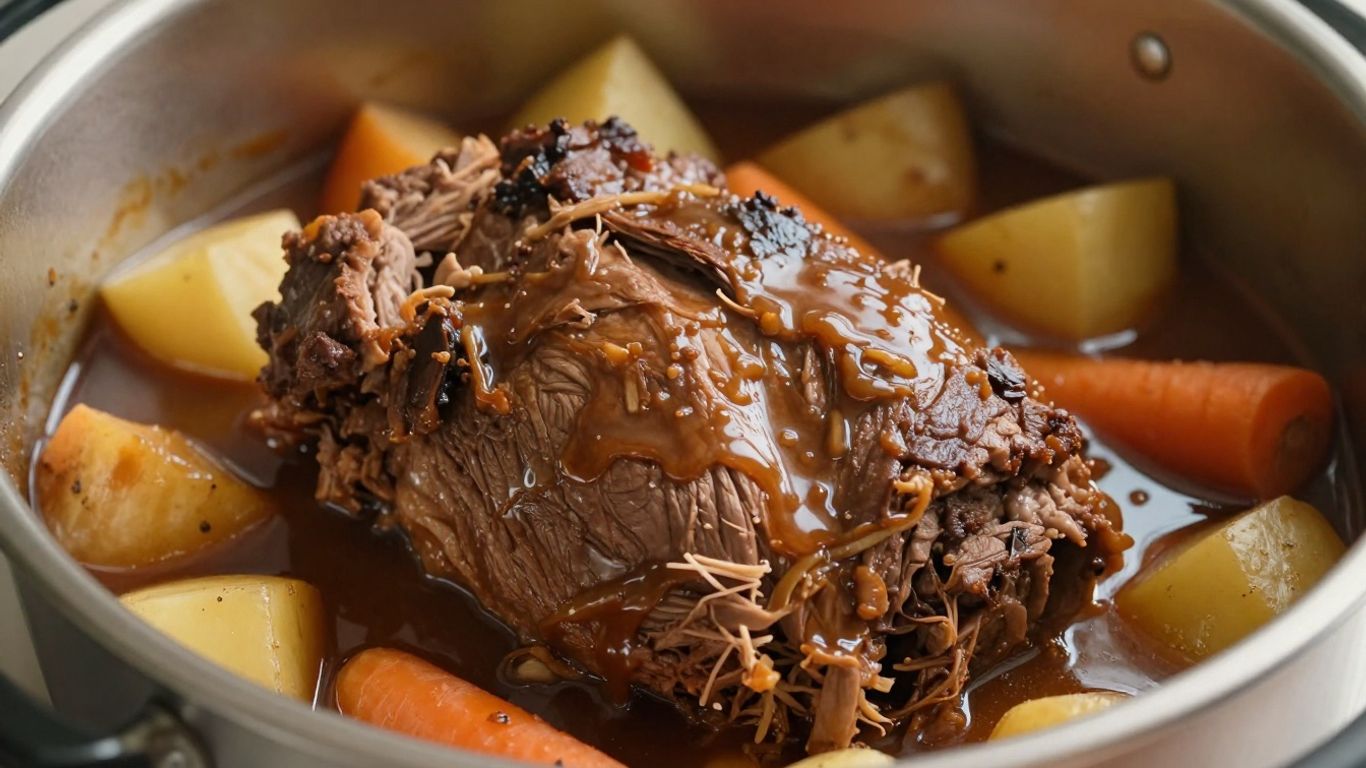Tender chuck pot roast in a slow cooker with vegetables.